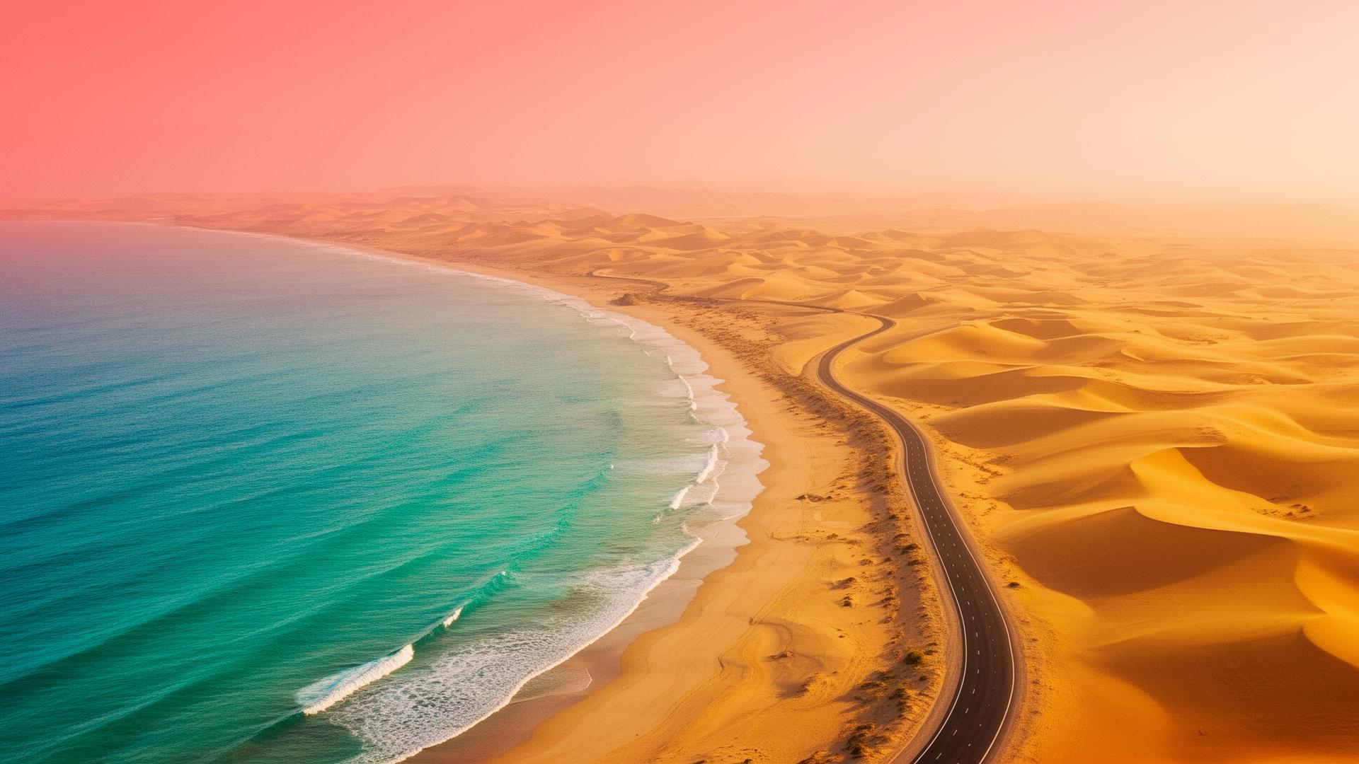Aerial view of turquoise coastline meeting golden desert dunes at sunset